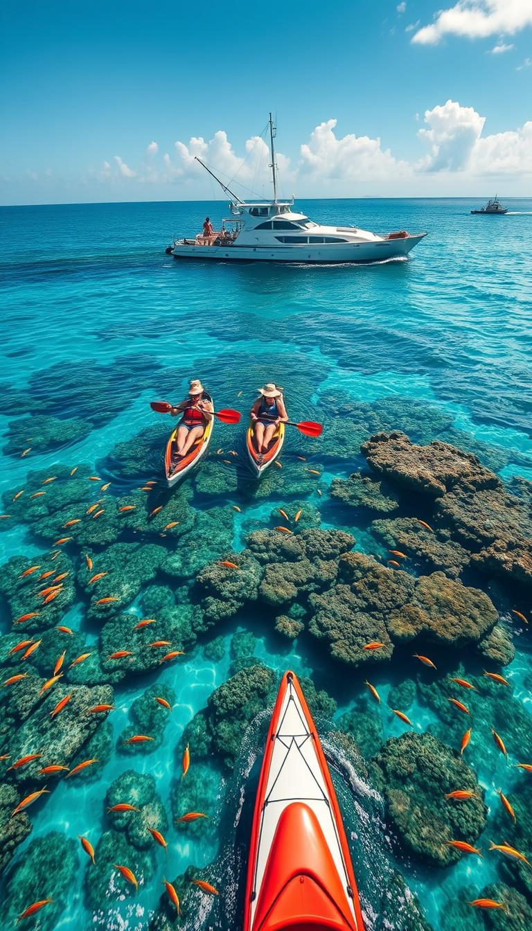 Serene coastal scene with a small group of kayakers exploring a vibrant coral reef, surrounded by schools of colorful tropical fish. In the background, a research vessel monitors the ecosystem, ensuring sustainable practices. Warm sunlight filters through the azure waters, illuminating the vibrant marine life. The kayakers move with care, their paddles gliding through the waves, minimizing disturbance to the delicate environment. An atmosphere of harmony and environmental stewardship pervades the scene, showcasing the potential for marine tourism to coexist with the preservation of oceanic habitats.